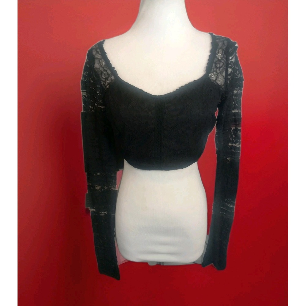 Ryu Black Lace Whimsigoth Y2k Witchy Crop Top Lace Long Sleeve Babydoll Baddie
